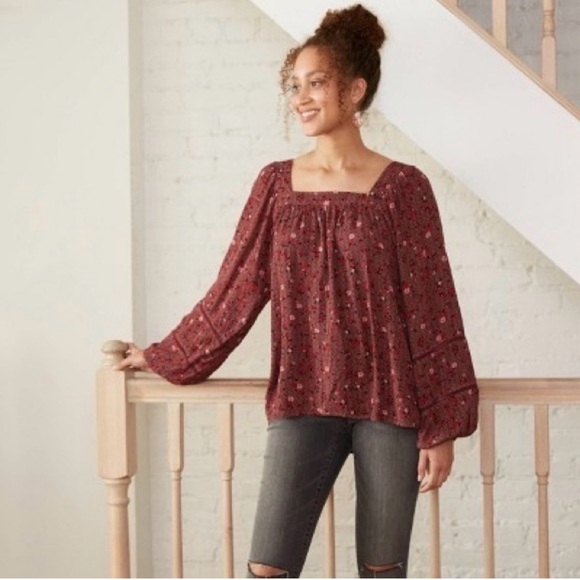 Knox Rose Tops - Knox Rose Burgundy Floral Square-Neck Peasant Top